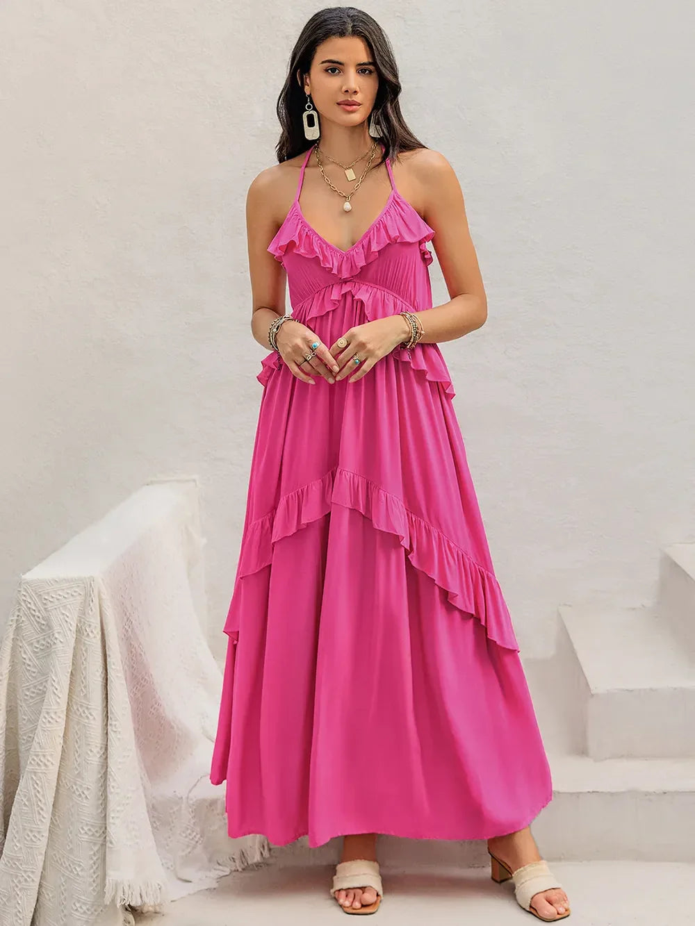Ruffled Halter Neck Maxi Dress With Tiered Layers Of Ruffles - Southern Shores Clothing