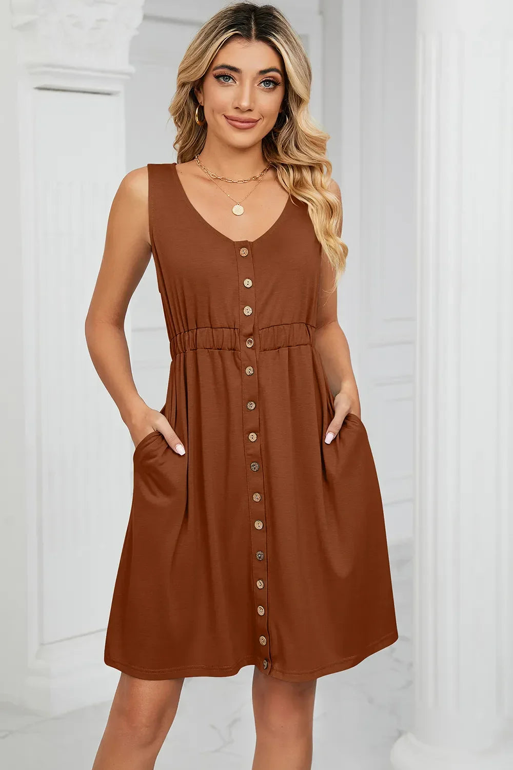 Buttoned Wide Strap Mini Dress - Southern Shores Clothing