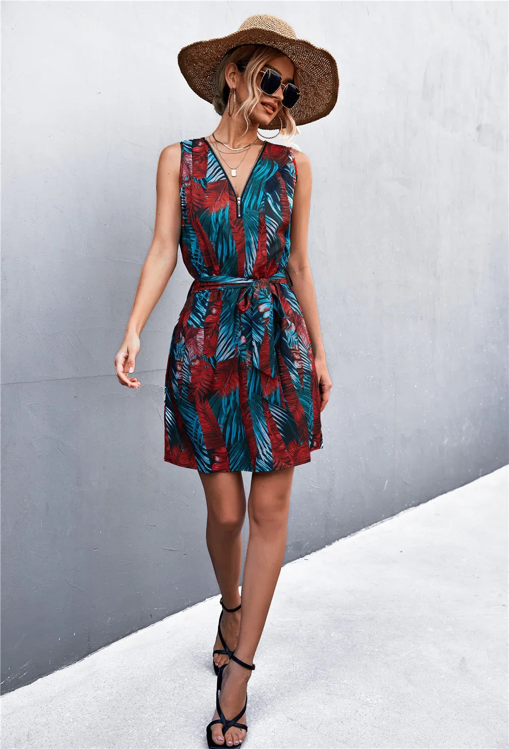 Printed Zip Detail Belted Sleeveless Dress - Southern Shores Clothing