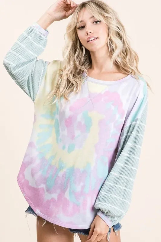 Tie Dye Terry Top With Wide Stripe Thermal Waffle - Southern Shores Clothing