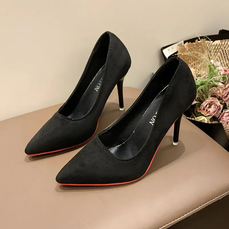 Point Toe Stiletto Pumps Suede Rubber High Heel