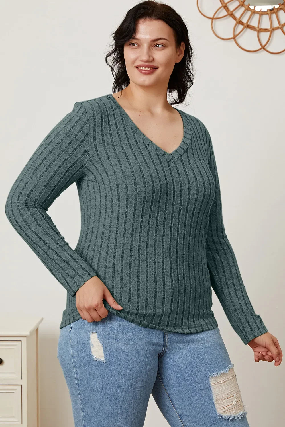 Classic Ribbed V-Neck Long Sleeve Knit Tee Top - Southern Shores Clothing