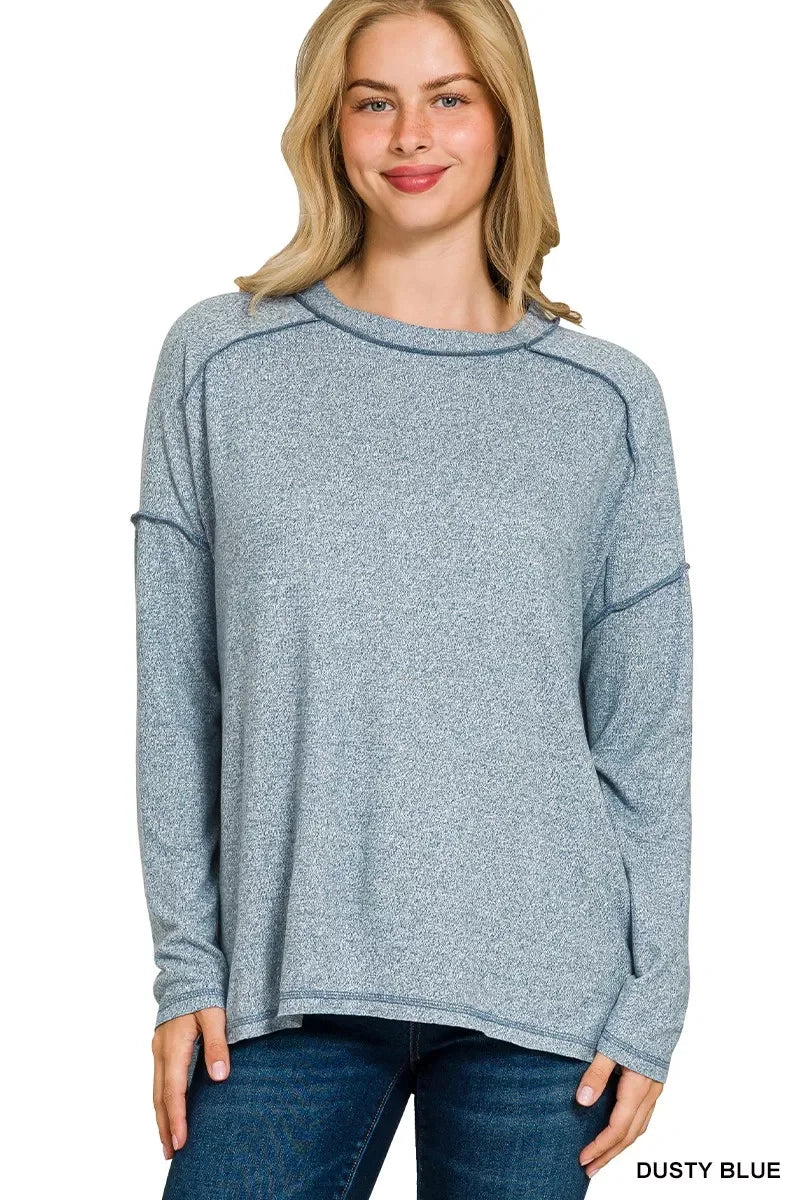 Plus Size Melange Hacci Exposed Seam Hi Low Tee - Southern Shores Clothing