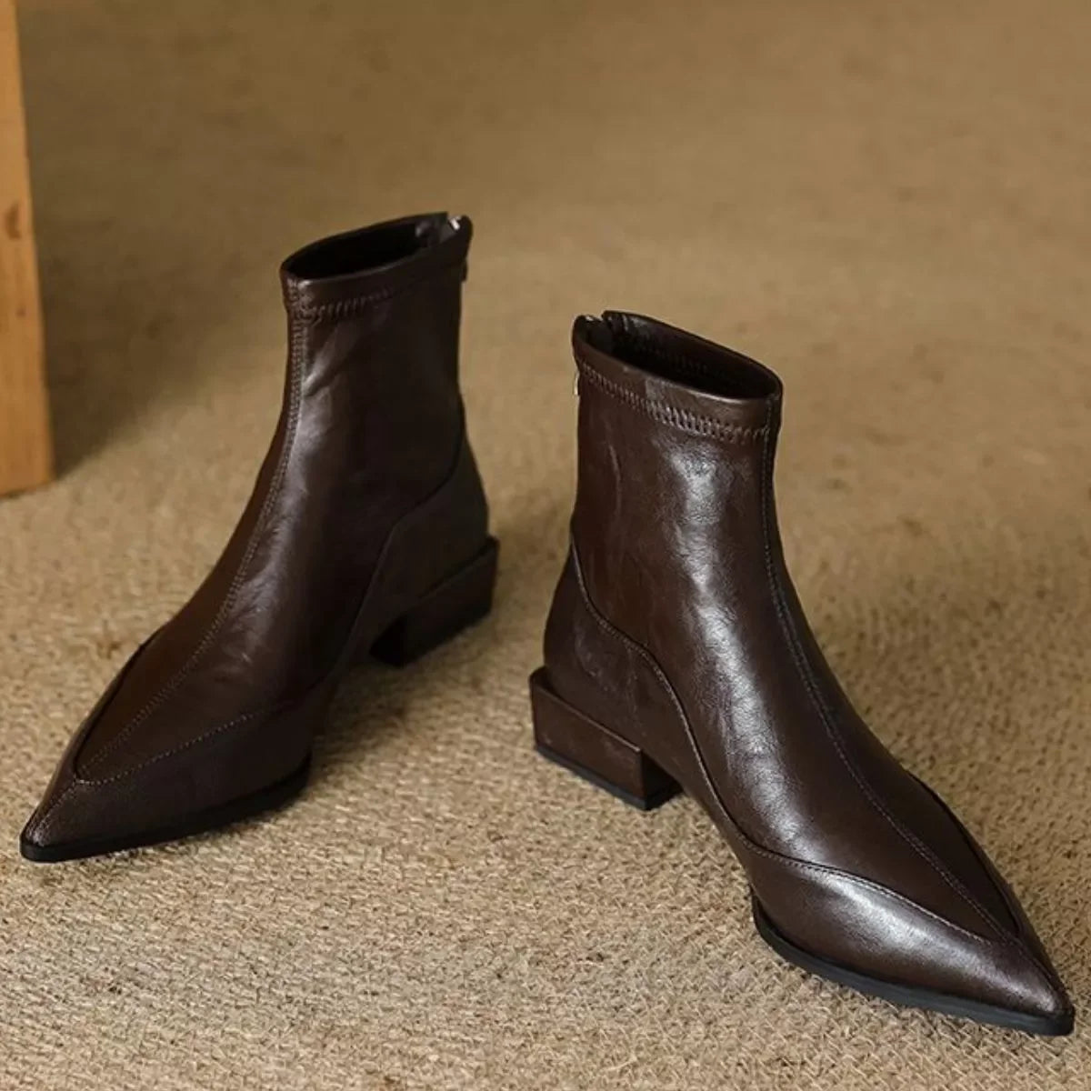 Point Toe Block Heel Synthetic Leather Ankle Boots - Southern Shores Clothing