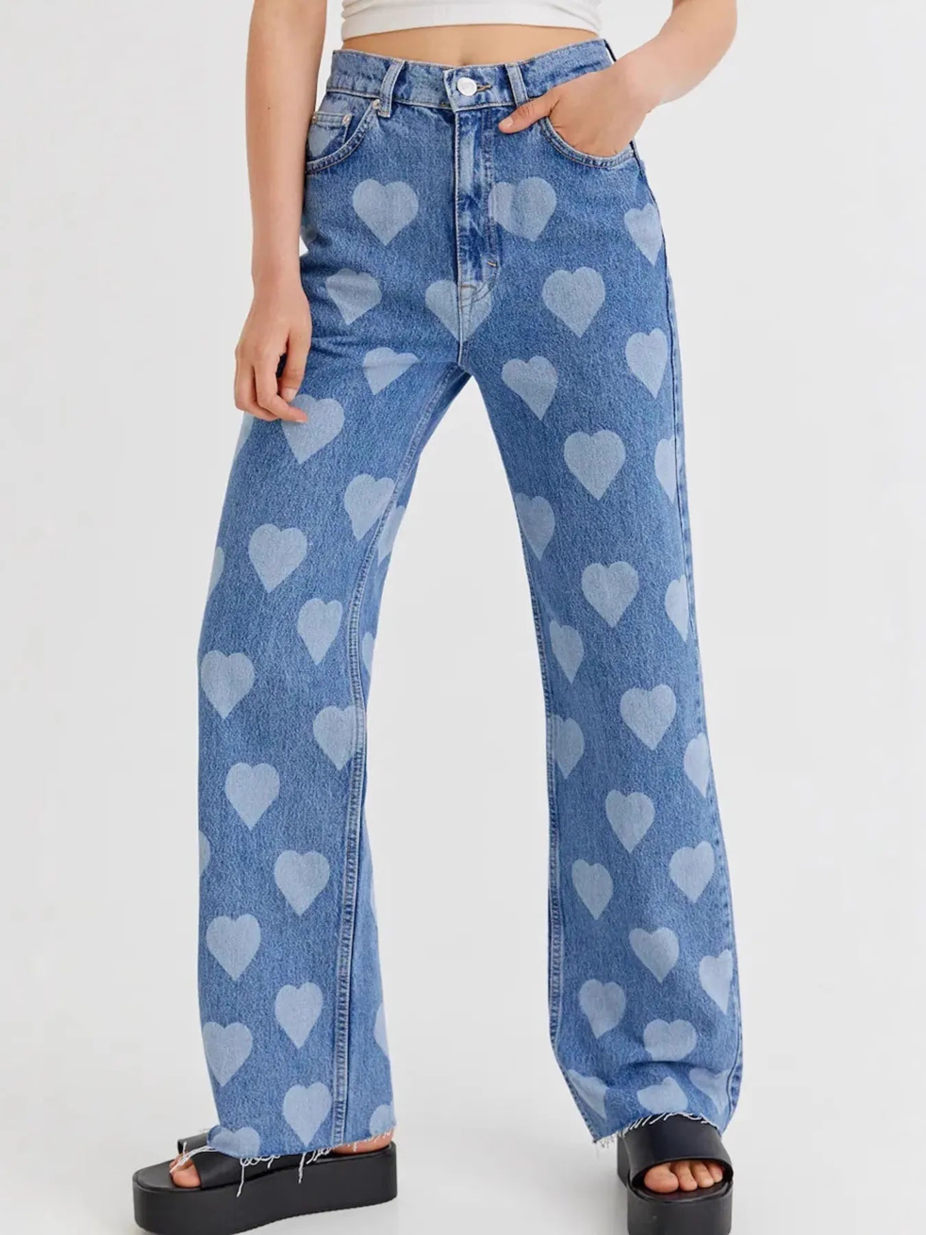 Charleston Inspired Heart Pattern High-Waist Wide Leg Jeans