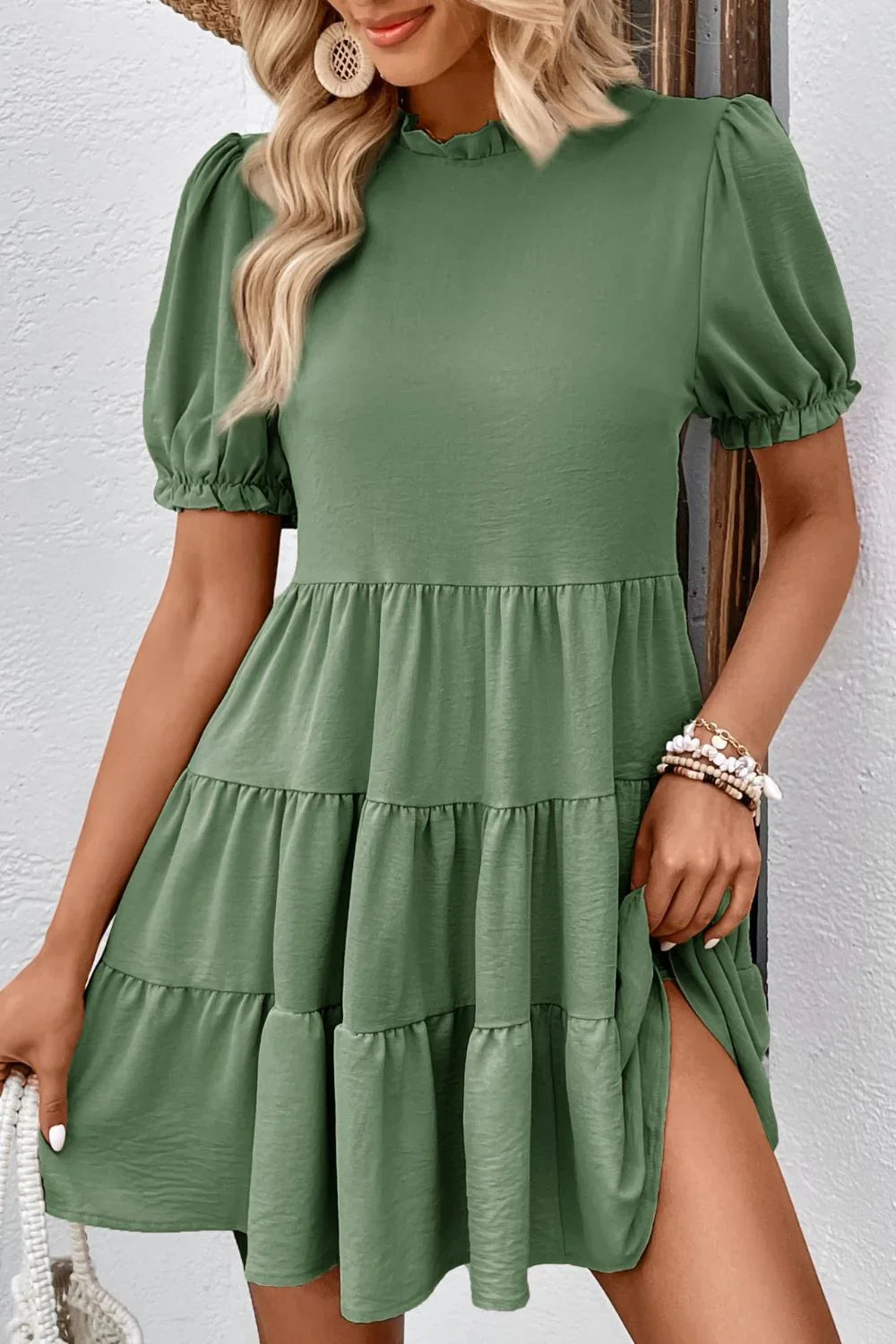 Perfee Puff Sleeve Tie Back Tiered Dress - Southern Shores Clothing