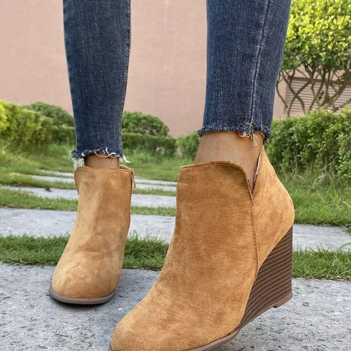 Suede Wedge Boots With Side Zipper Closure