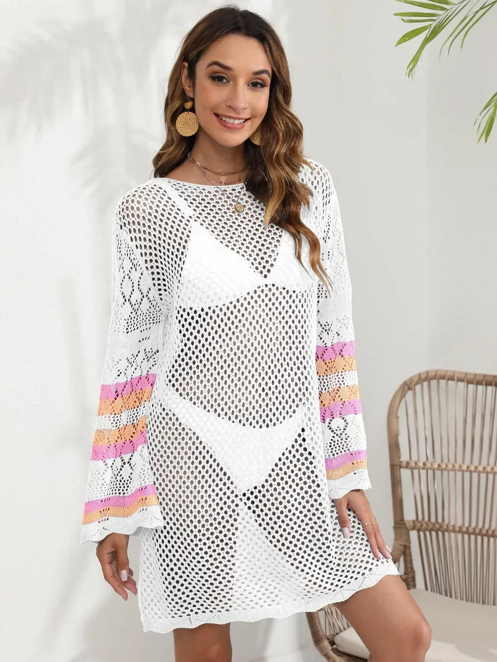 Openwork Sheer Long Sleeve Cover-Up One Size - Southern Shores Clothing