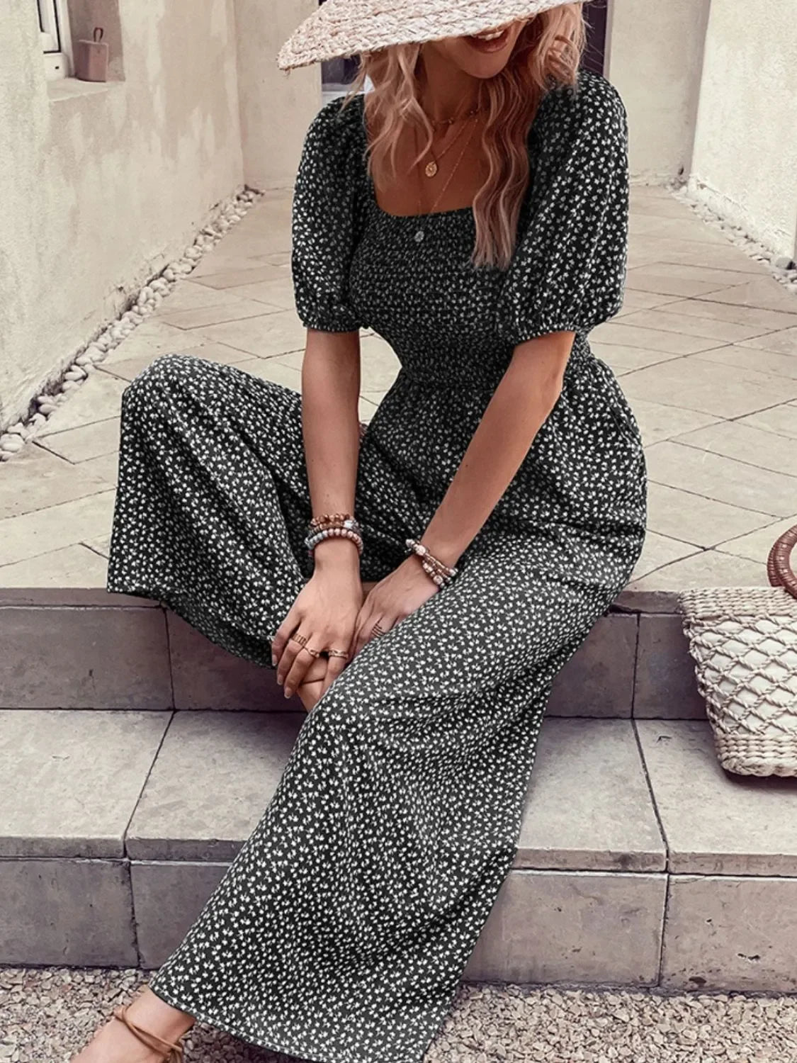 Printed Square Neck Puff Sleeve Jumpsuit - Southern Shores Clothing