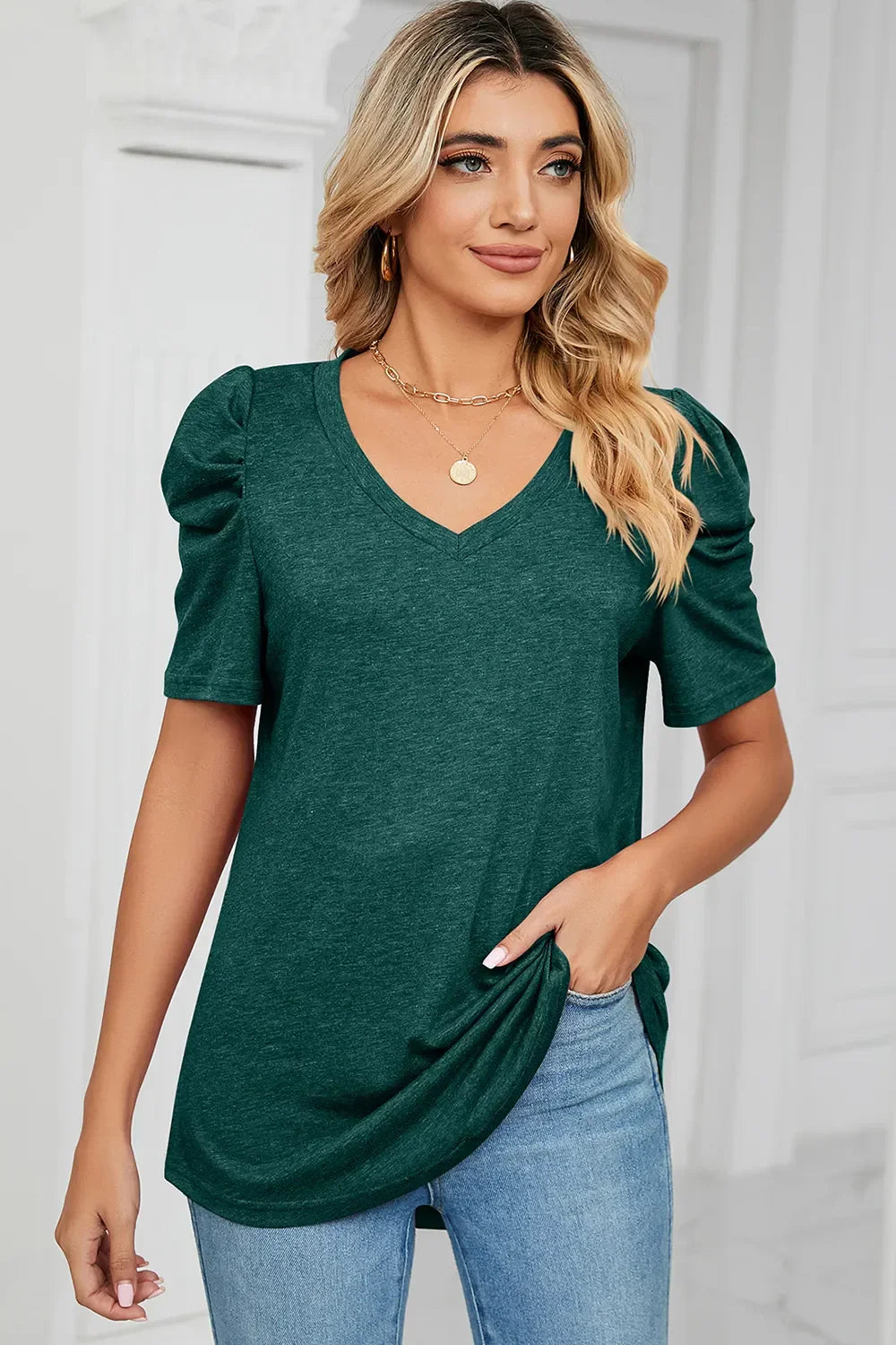 Heathered V-Neck Puff Sleeve T-Shirt - Southern Shores Clothing