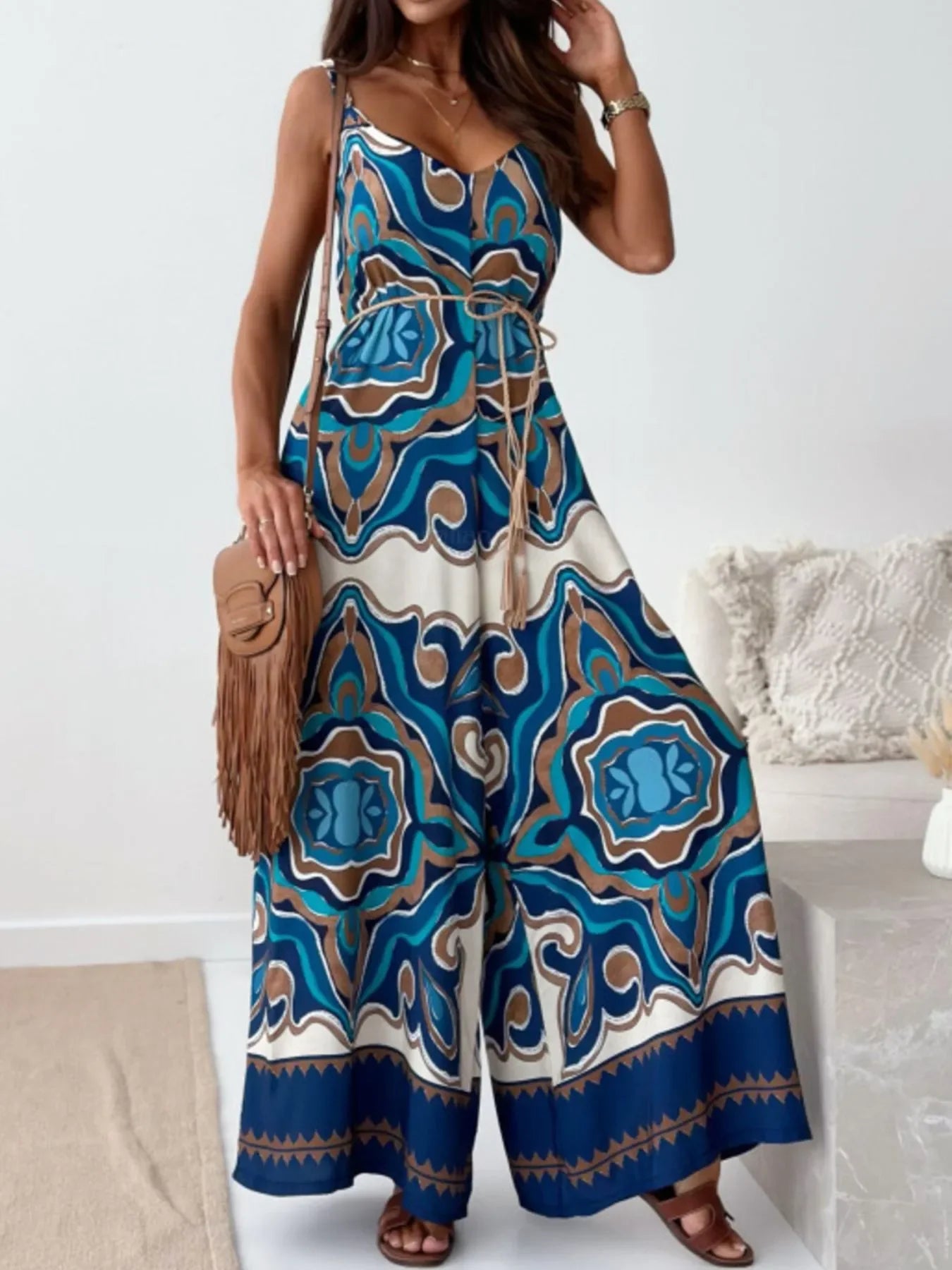 Paisley Print Spaghetti Strap Wide Leg Jumpsuit - Southern Shores Clothing