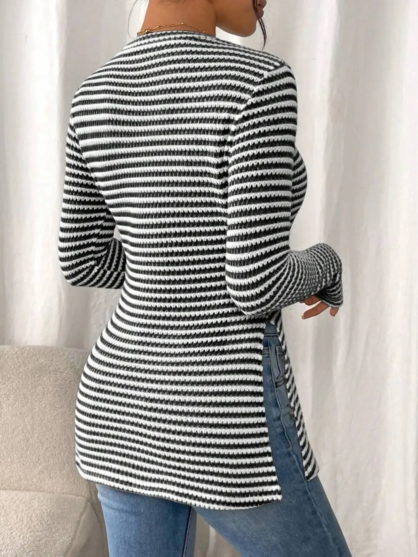 Side Slit Striped Long Sleeve T-Shirt - Southern Shores Clothing