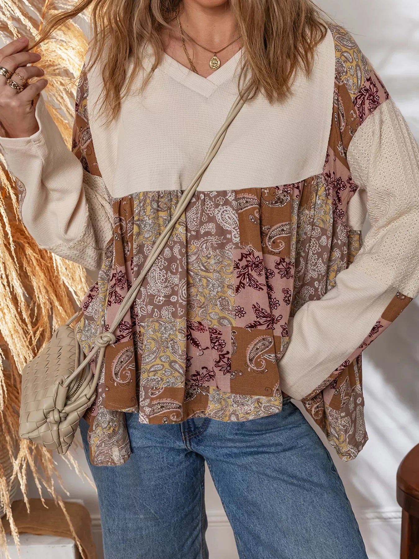 Paisley Patchwork Long Sleeve Boho Loose Top With Ethnic Print - Southern Shores Clothing