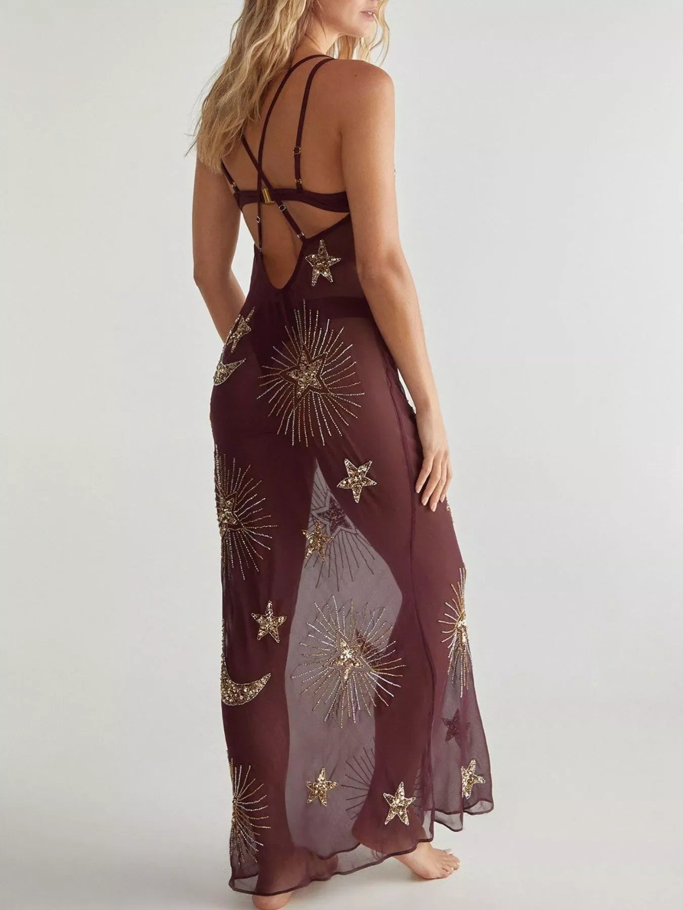 Sequin Backless Maxi Cover Up Dress With Star Detailing - Southern Shores Clothing