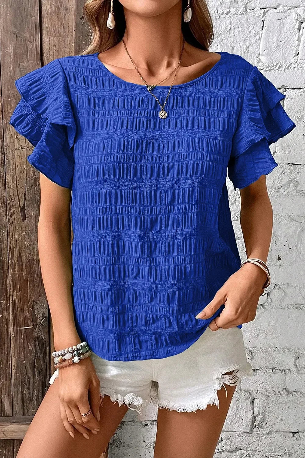 Round Neck Ruffle Sleeve Blouse For Casual Wear - Southern Shores Clothing