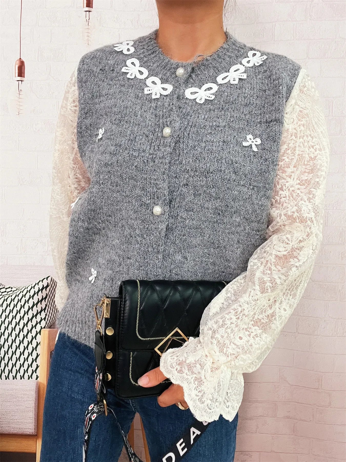 Lace Sleeve Button-Up Cardigan With Ruffled Detail - Southern Shores Clothing