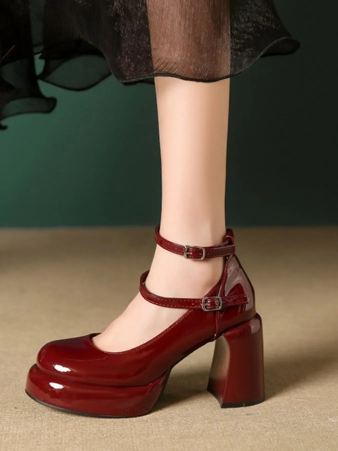 Patent Leather Mary Jane Platform Pumps Mid Heel - Southern Shores Clothing