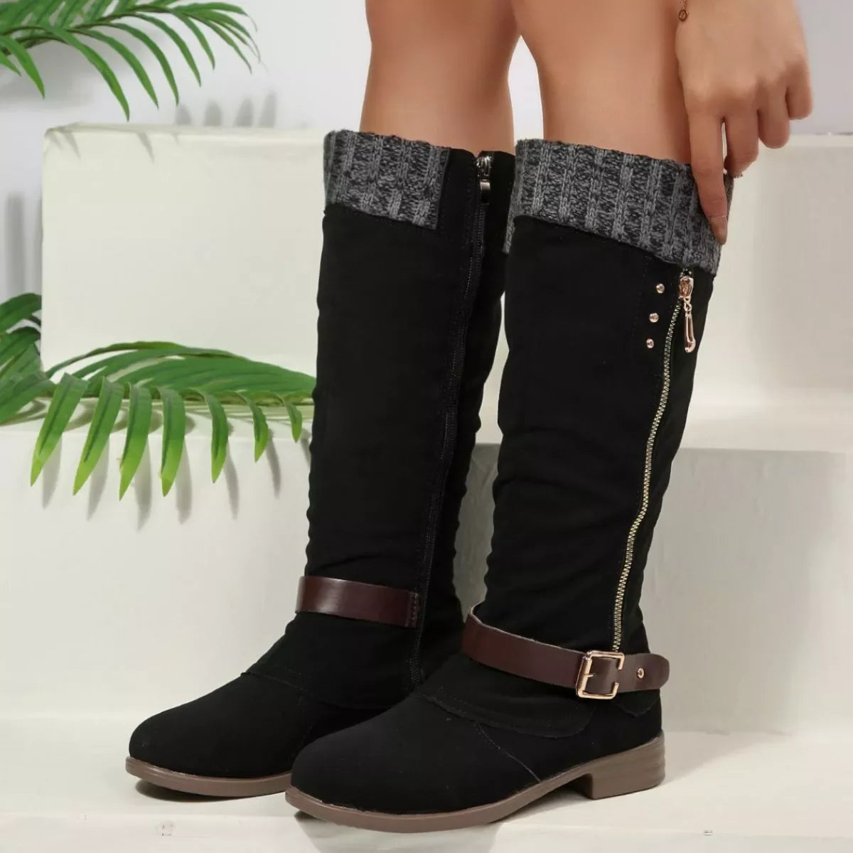 Round Toe Block Heel Boots Suede Rubber Casual