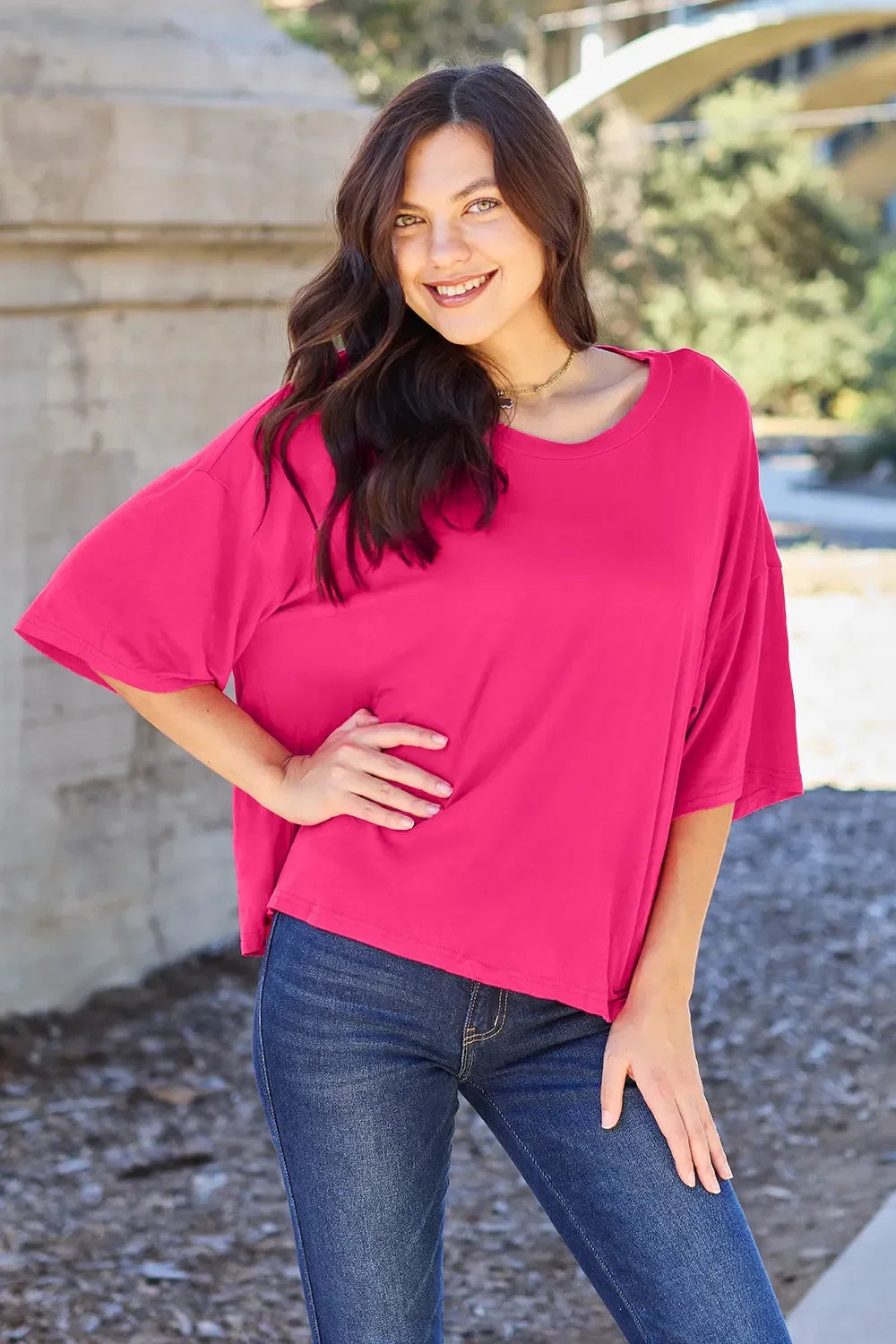 Basic Round Neck Drop Shoulder Tee Top for Layering - Southern Shores Clothing