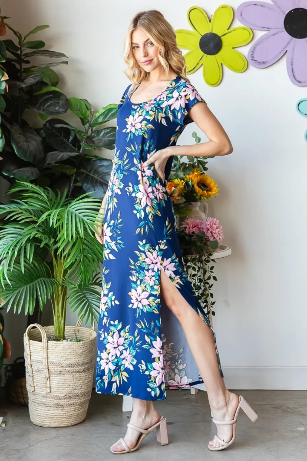 Floral Print Short Sleeve Slit Maxi Dress - Southern Shores Clothing