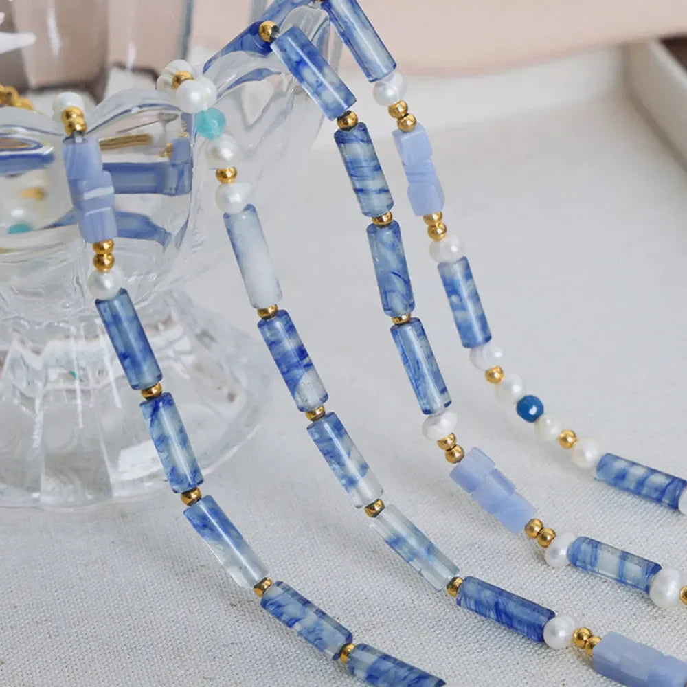 Geometric Pearl Necklace Titanium Steel Blue Chalcedony - Southern Shores Clothing
