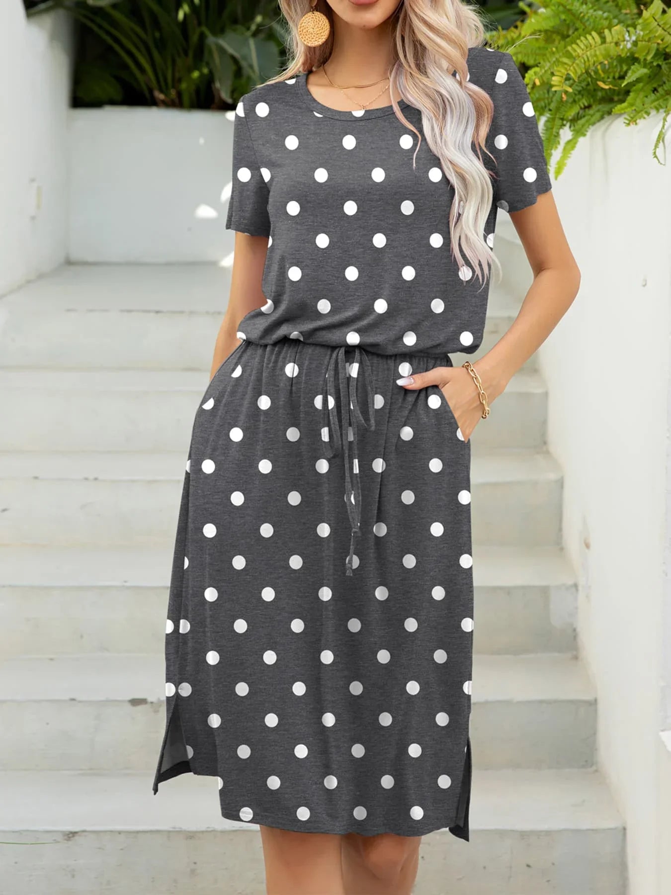Round Neck Short Sleeve Slit Dress with Pockets - Southern Shores Clothing