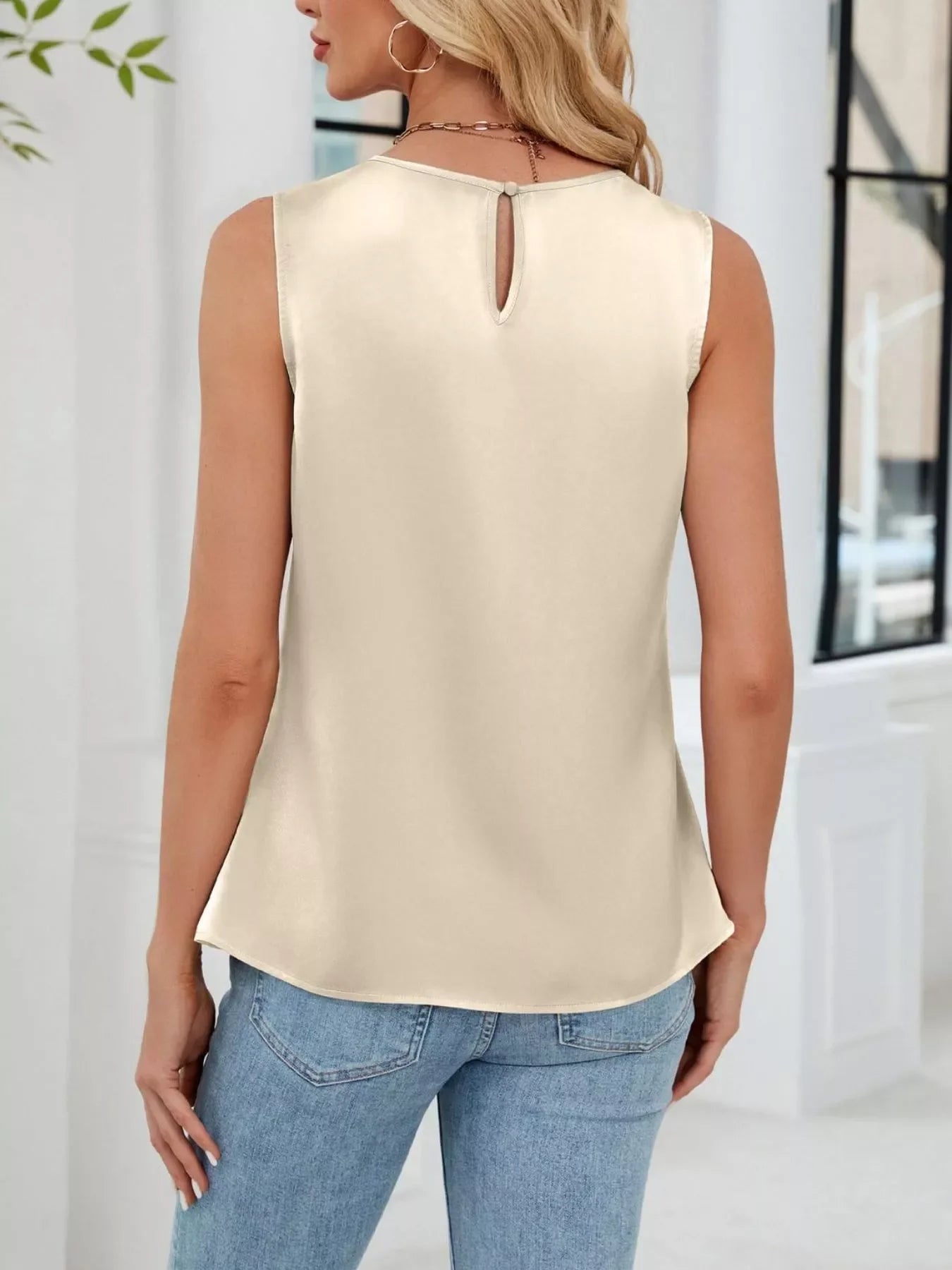 Pleated Round Neck Tank Top With Front Pleats And Buttoned Detail - Southern Shores Clothing