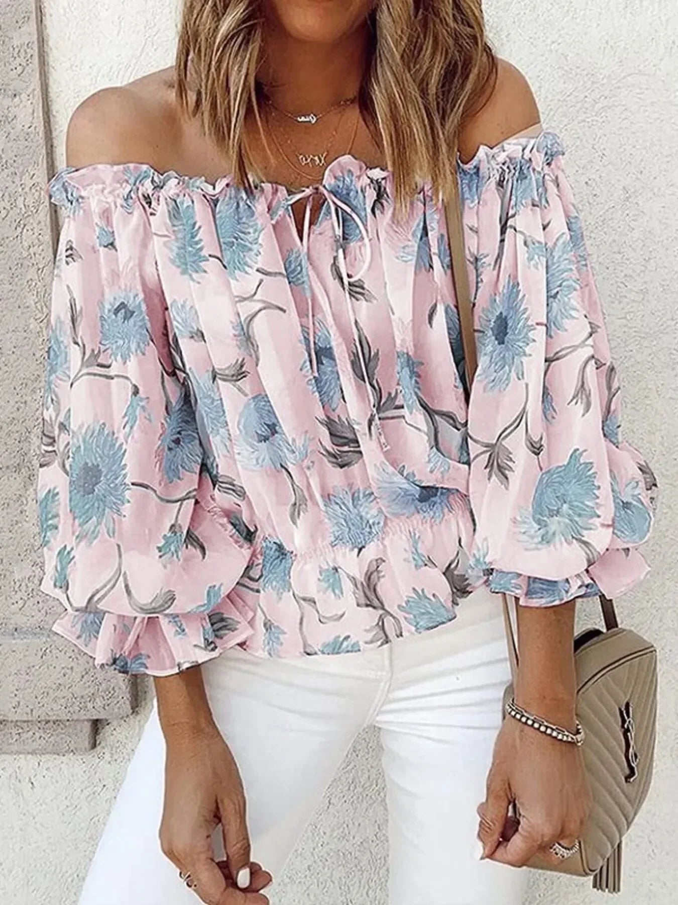 Off Shoulder Tied Ruffled Floral Print Blouse - Southern Shores Clothing