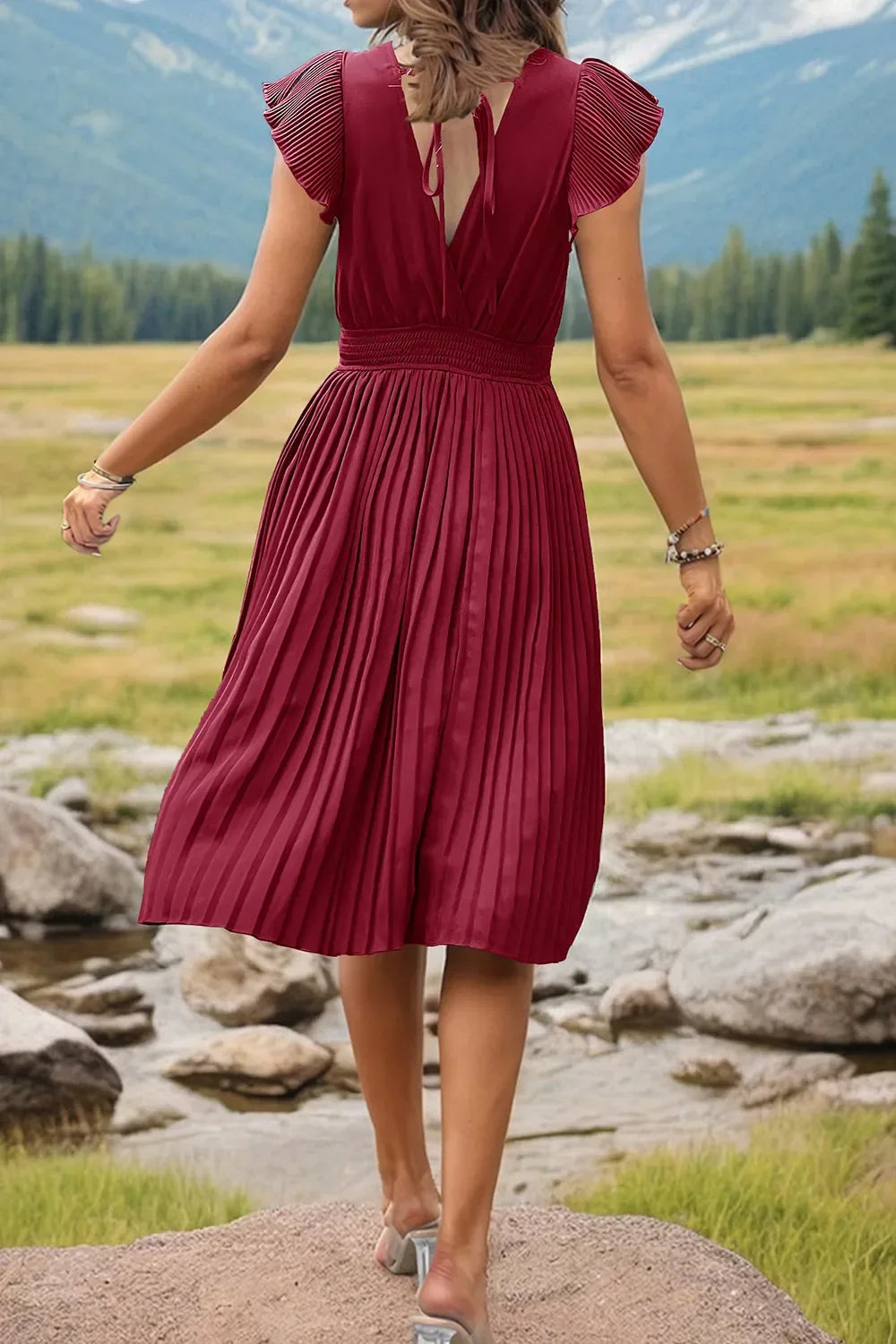 Perfee Tied Smocked Waist Flutter Sleeve Dress - Southern Shores Clothing