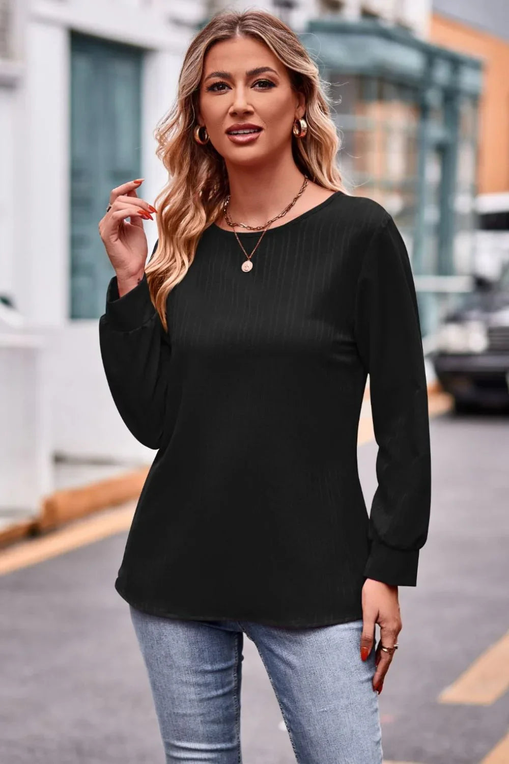 Round Neck Long Sleeve Tee Solid Polyester Top - Southern Shores Clothing