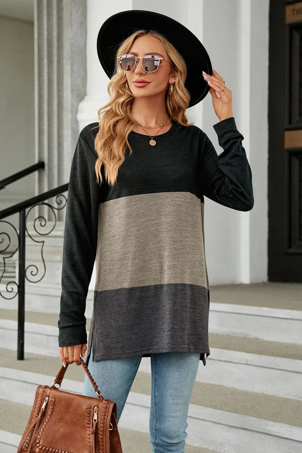 Block Pattern Round Neck Long Sleeve Slit T Shirt - Southern Shores Clothing