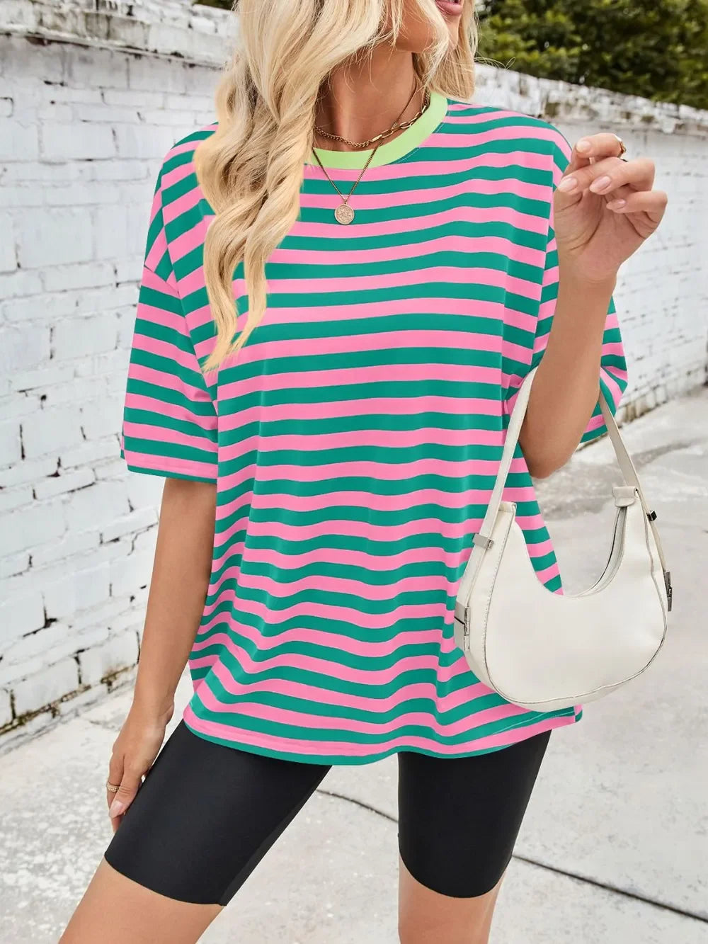 Striped Round Neck Half Sleeve Stretchy T Shirt - Southern Shores Clothing
