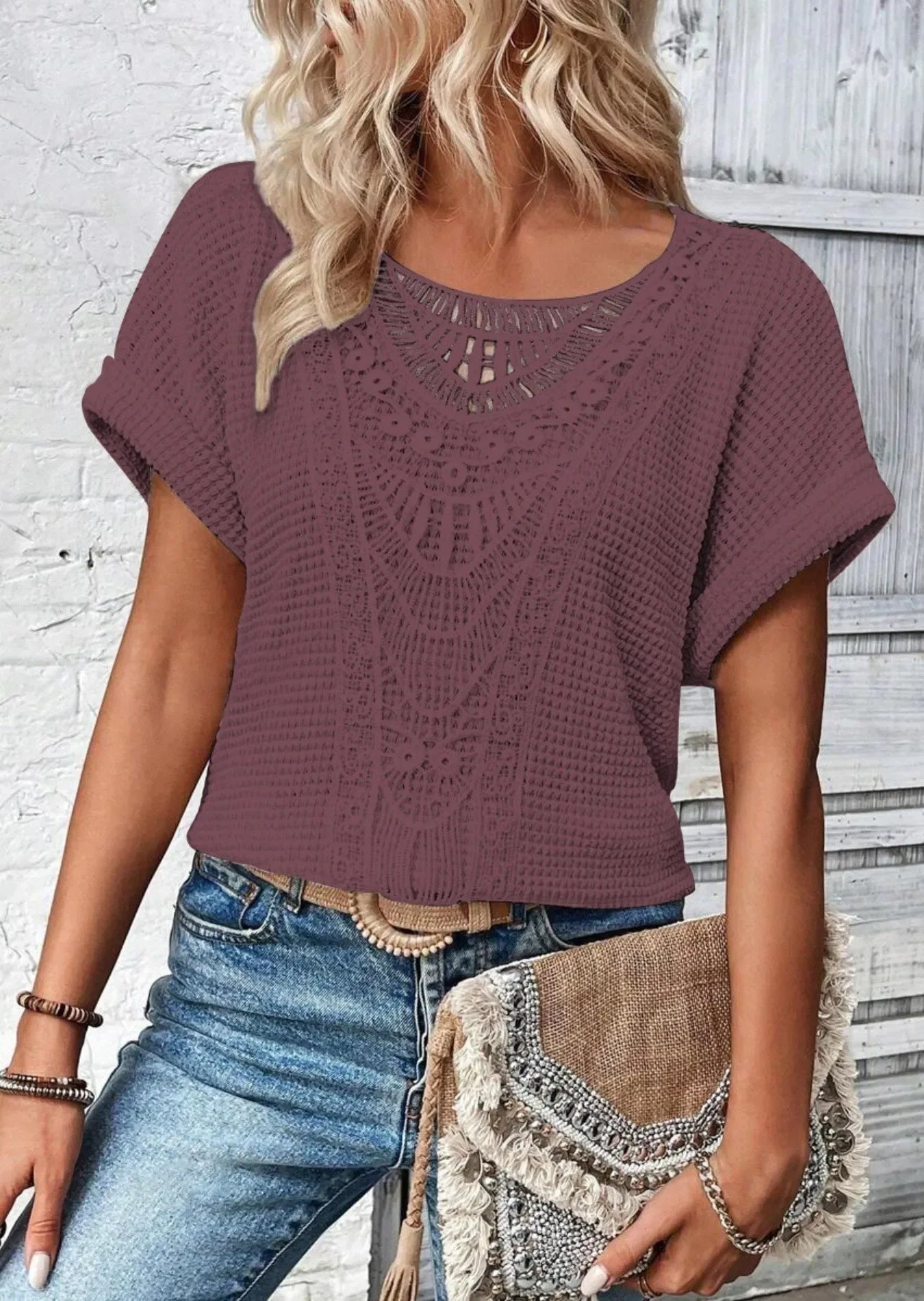 Crochet Lace Short Sleeve T Shirt Casual - Southern Shores Clothing
