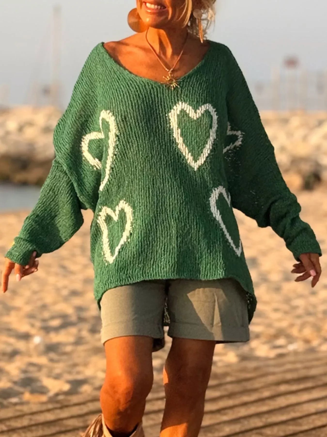 Heart V-Neck Dropped Shoulder Sweater | Southern Shores Clothing - Southern Shores Clothing