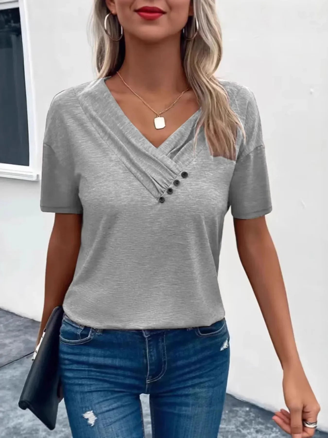 Ruched V-Neck Short Sleeve Basic Style T Shirt - Southern Shores Clothing