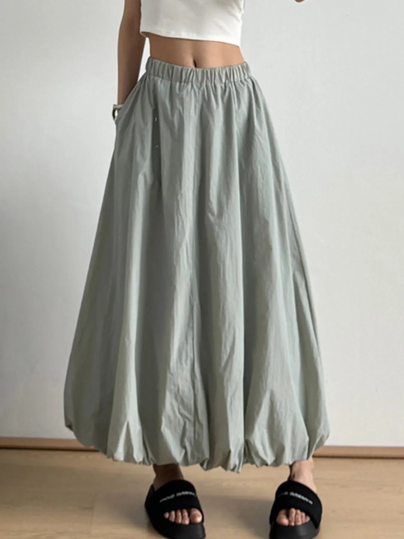 Elastic Waist Bubble Hem Maxi Skirt One Size - Southern Shores Clothing
