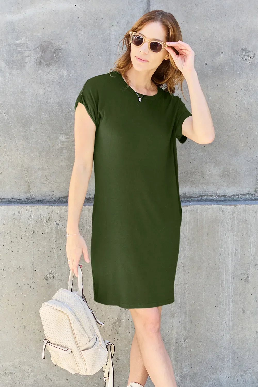 Round Neck Short Sleeve Dress With Pockets - Southern Shores Clothing