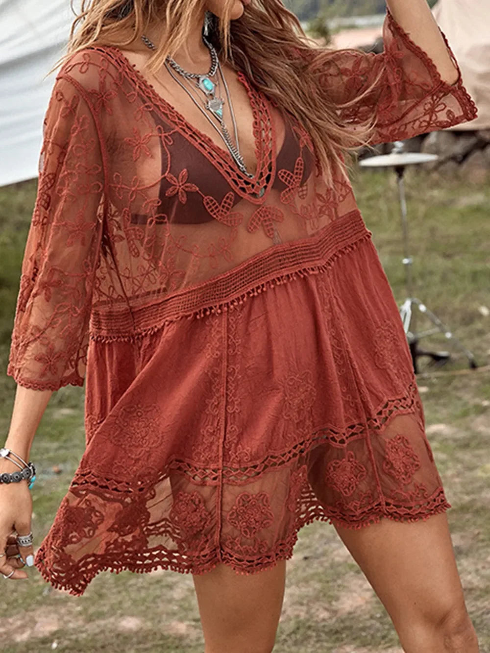 Lace Detail Plunge Cover Up Dress One Size - Southern Shores Clothing