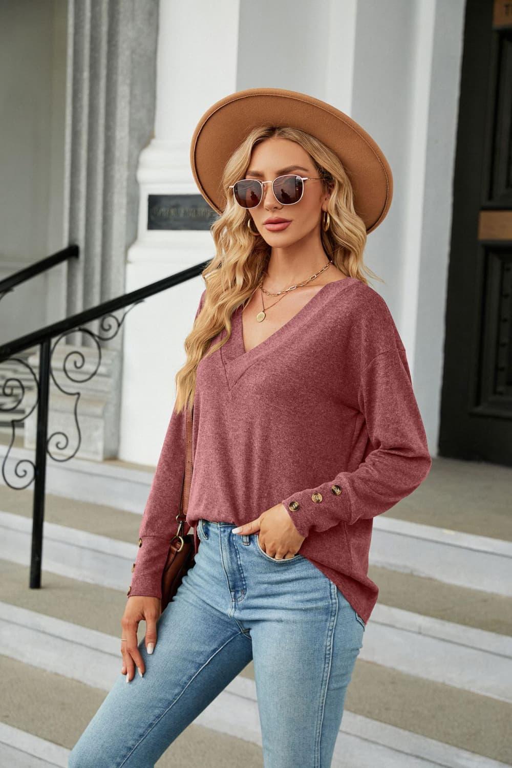 V-Neck Long Sleeve Tee With Button Detail - Southern Shores Clothing