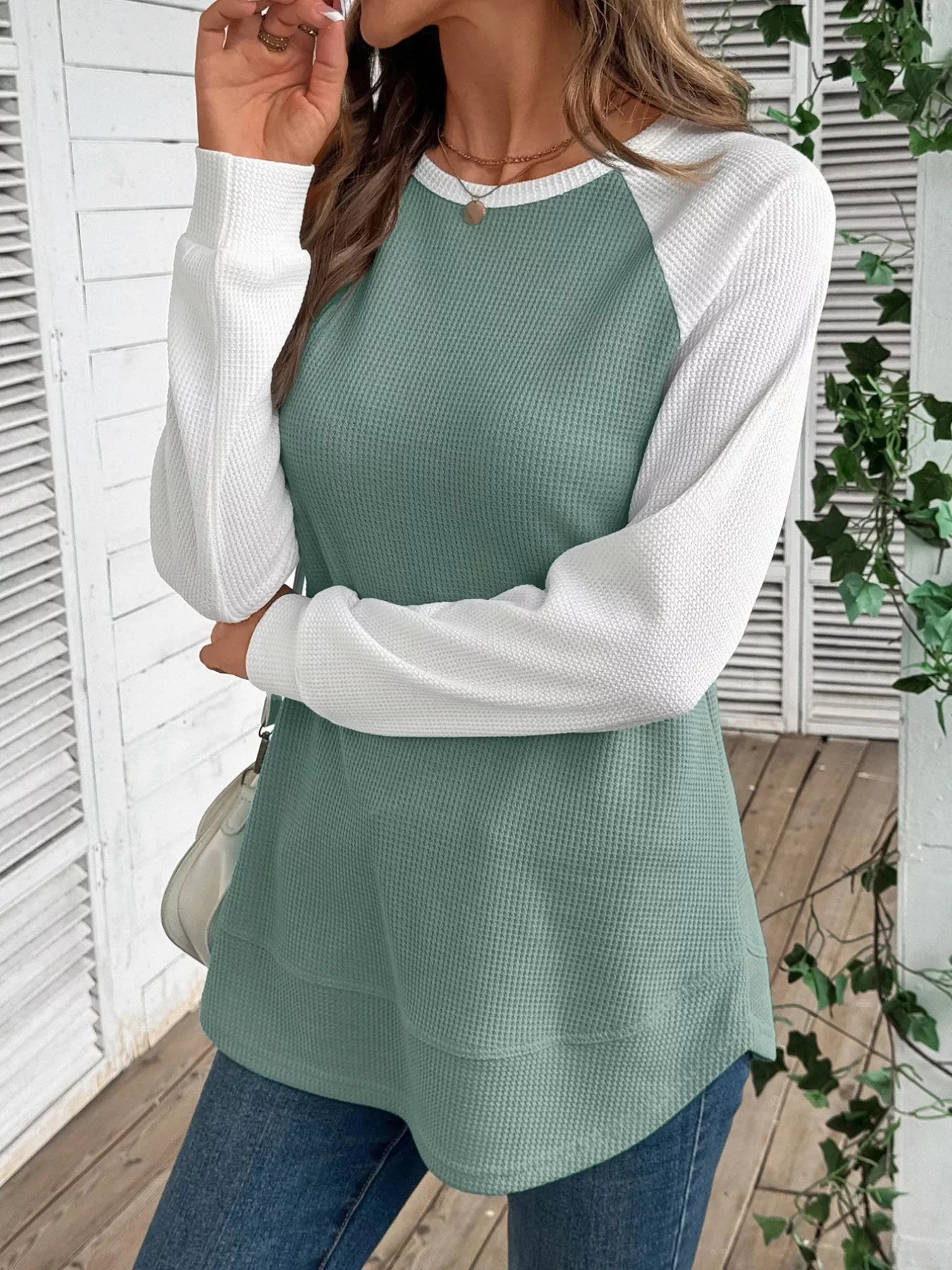 Contrast Raglan Sleeves Waffle Knit T Shirt - Southern Shores Clothing