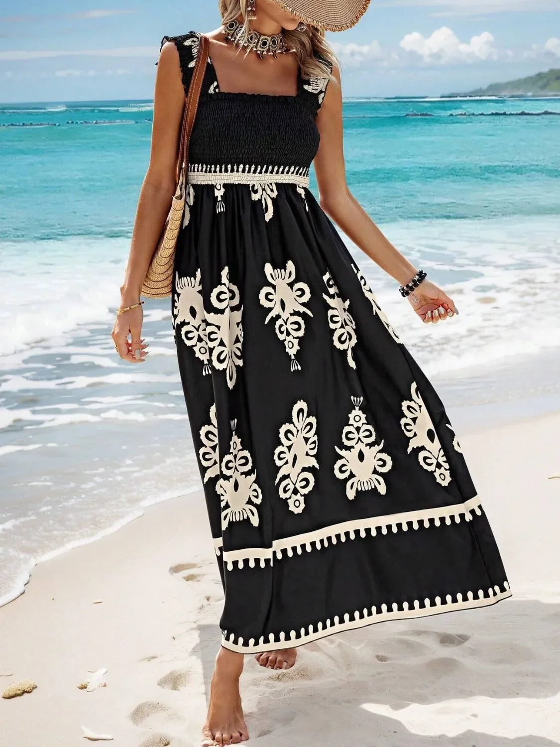 Smocked Printed Maxi Dress With Wide Straps Boho Style Details - Southern Shores Clothing