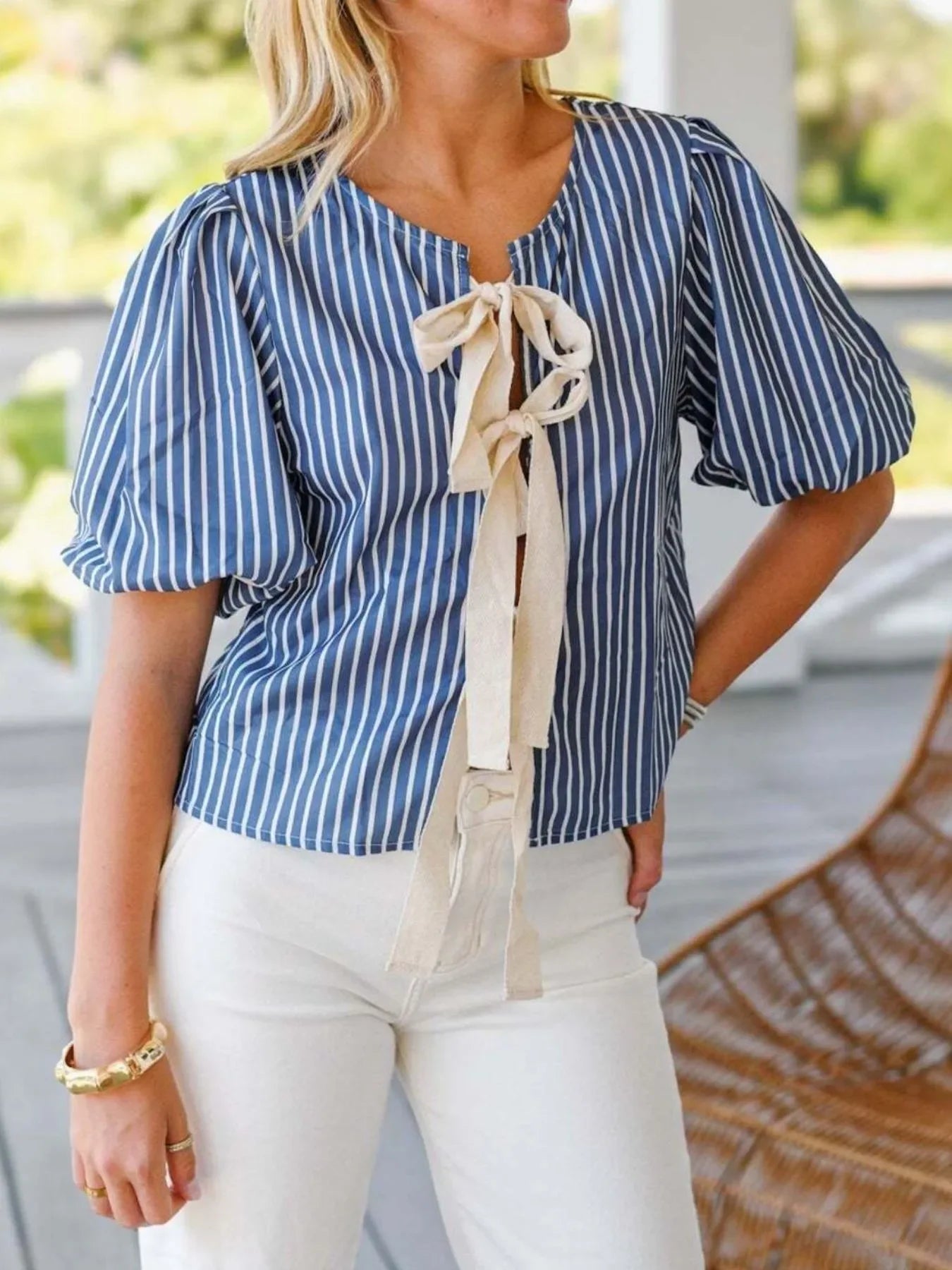 Stretchy Tie Front Puff Sleeve Striped Blouse - Southern Shores Clothing