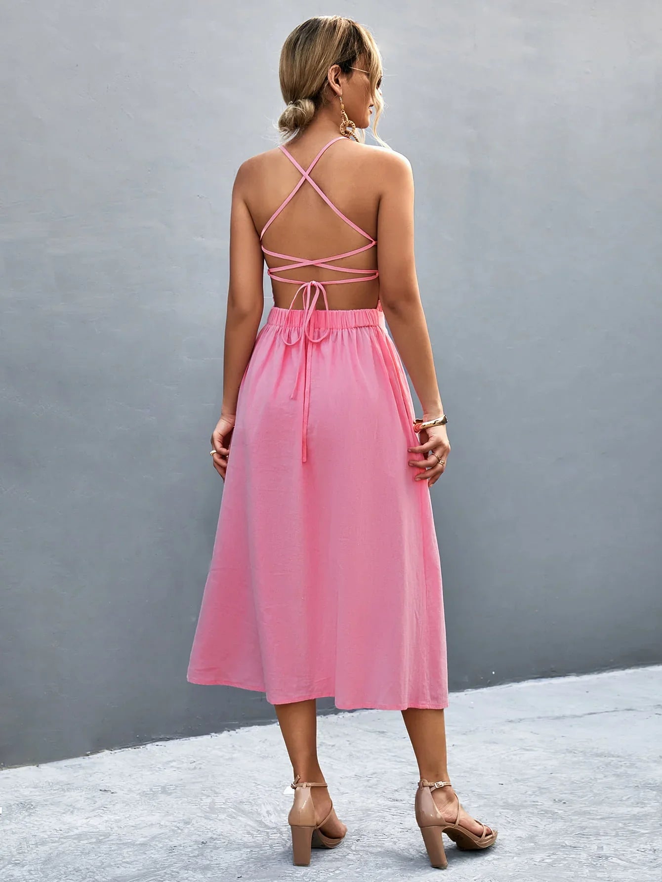 Buttoned Halter Neck Frill Trim Midi Dress - Southern Shores Clothing