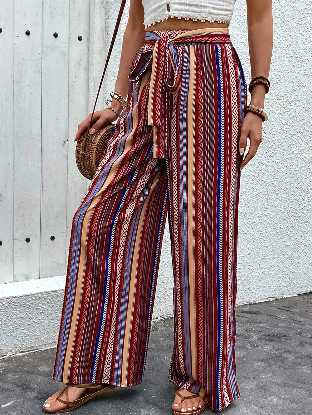 Geometric Print Tie-Waist Wide-Leg Pants With Pockets, Casual - Southern Shores Clothing