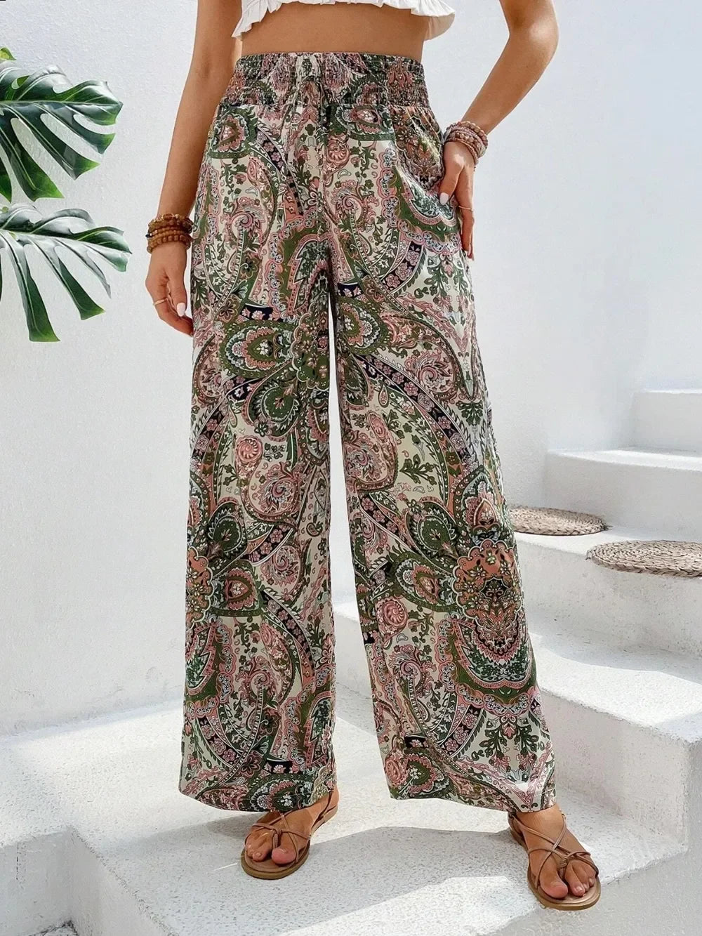Printed Wide Leg Pants With Paisley Print Drawstring Waist - Southern Shores Clothing