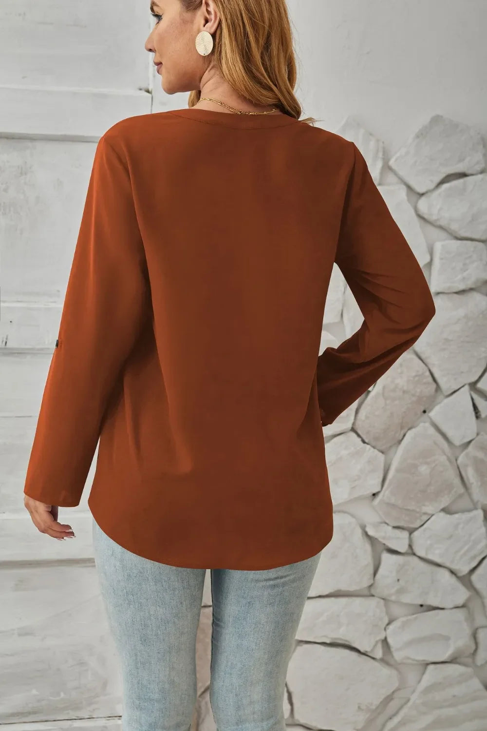 Decorative Button Notched Long Sleeve Blouse - Southern Shores Clothing