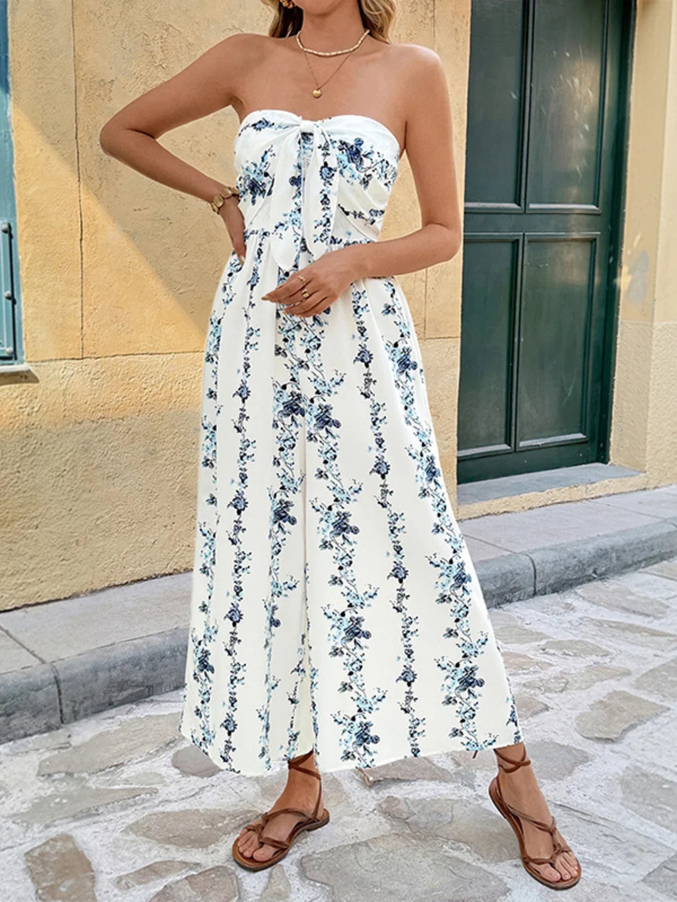 Smocked Tie Front Strapless Wide Leg Jumpsuit - Southern Shores Clothing