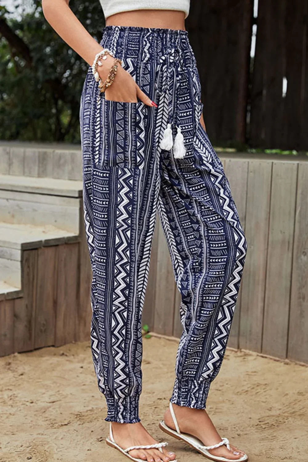 Boho Geometric Print Tassel High Rise Pants With Pockets - Southern Shores Clothing