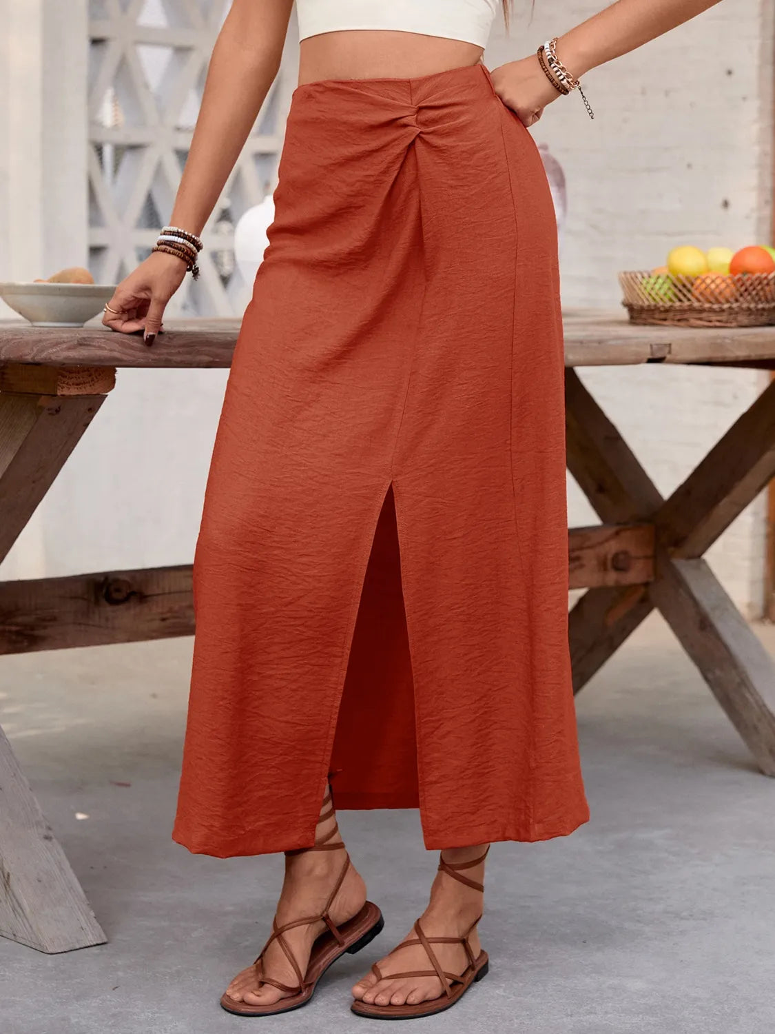 Beach Inspired Slit Midi Skirt in Viscose Blend Fabric