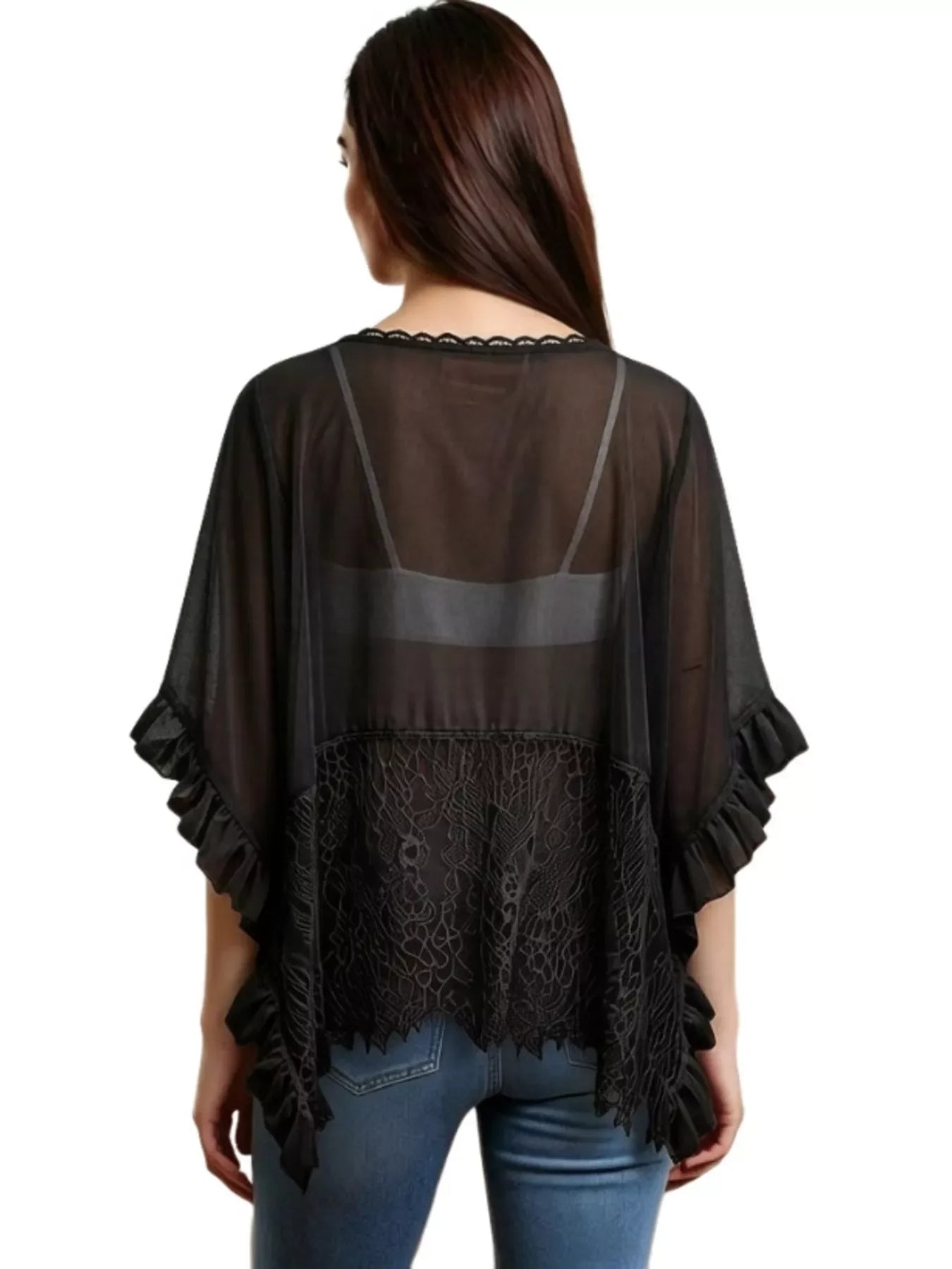 Lace Trim Sheer Flowy Cover Up With V Neck And Ruffle Details - Southern Shores Clothing